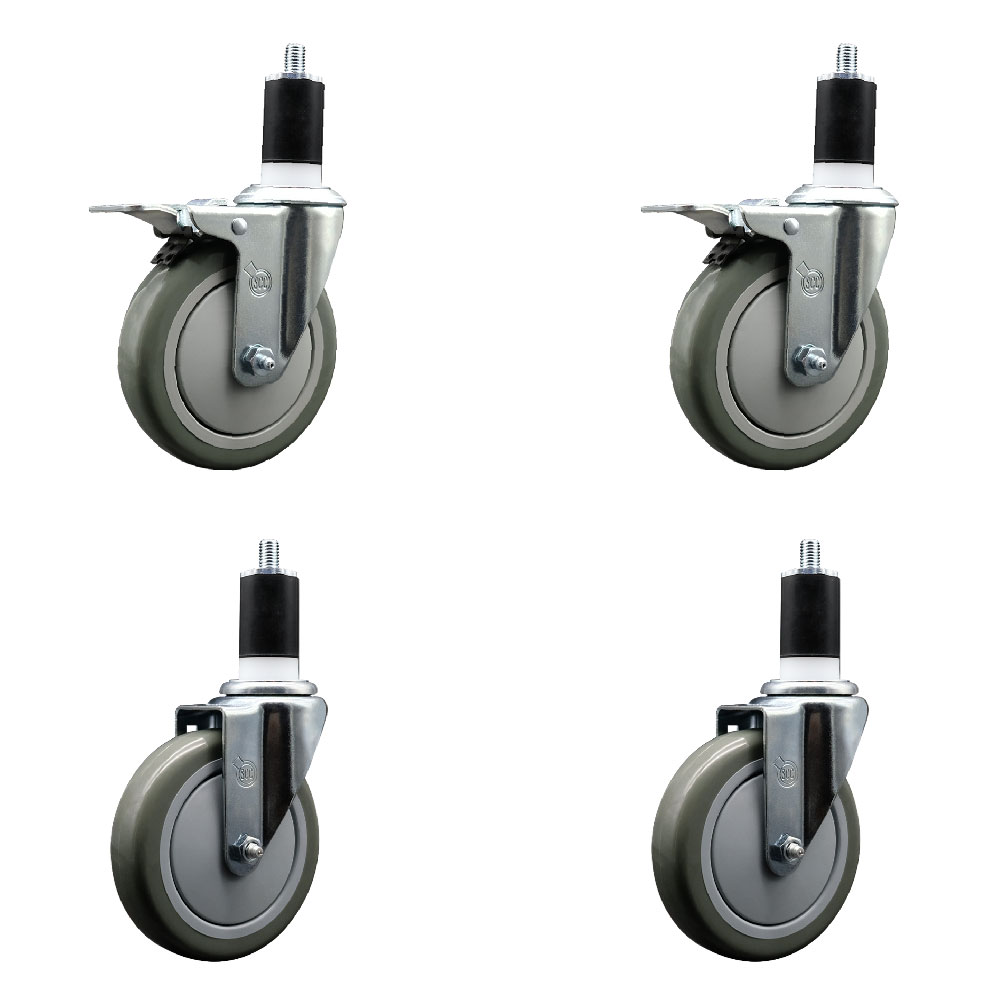 Stainless Steel Polyurethane Swivel Expanding Stem Caster Set of 4 with 5 Inch Gray Wheels and 1-1/2" Stems - Includes 2 with Total Locking Brakes - 1400 lbs Total Capacity - Service Caster Brand — photo 1