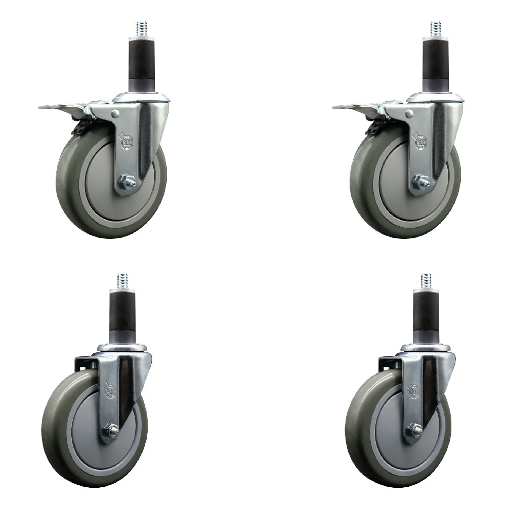 Stainless Steel Polyurethane Swivel Expanding Stem Caster Set of 4 with 5 Inch Gray Wheels and 1-1/4" Stems - Includes 2 with Total Locking Brakes - 1400 lbs Total Capacity - Service Caster Brand — photo 1