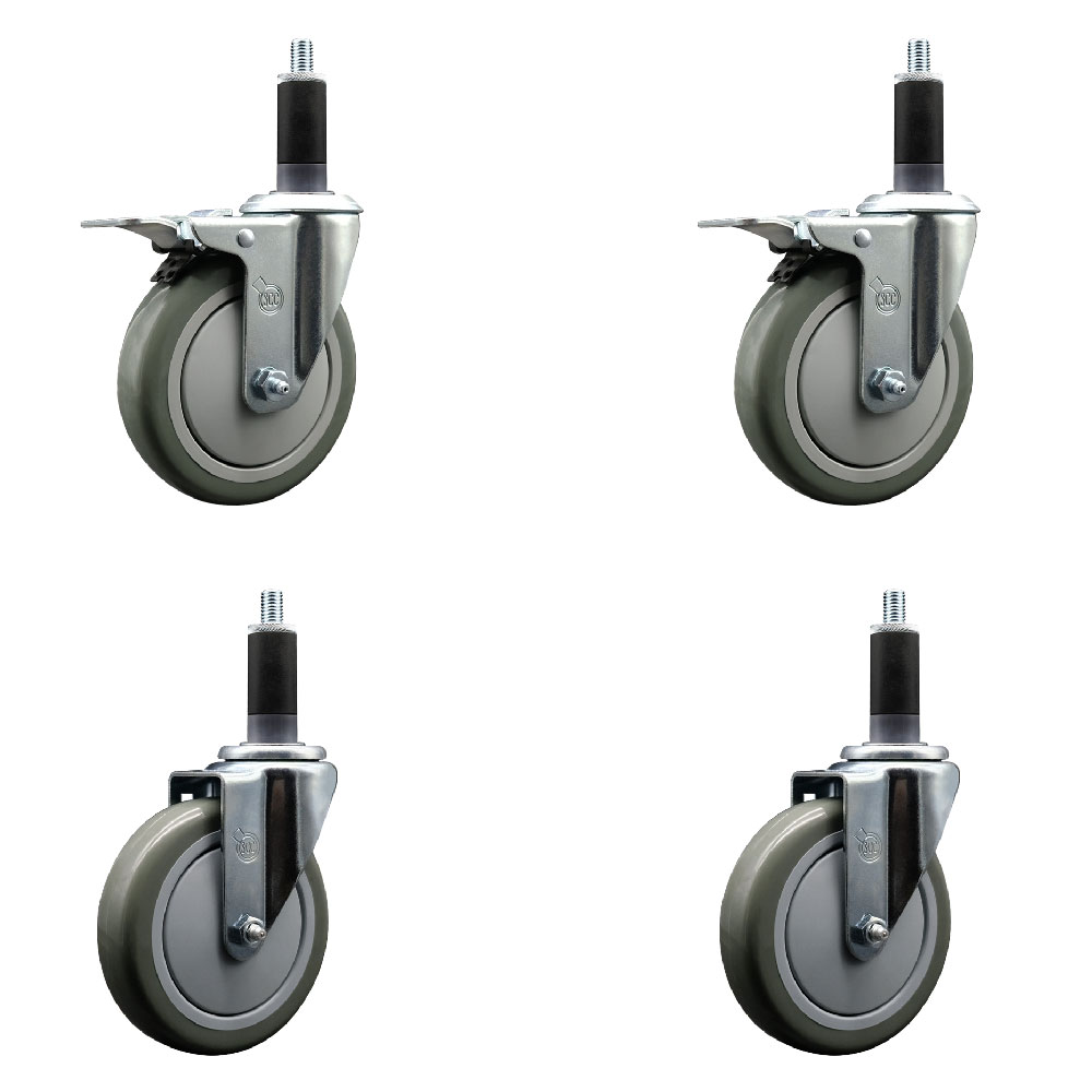 Stainless Steel Polyurethane Swivel Expanding Stem Caster Set of 4 with 5 Inch Gray Wheels and 1-1/8" Stems - Includes 2 with Total Locking Brakes - 1400 lbs Total Capacity - Service Caster Brand — photo 1