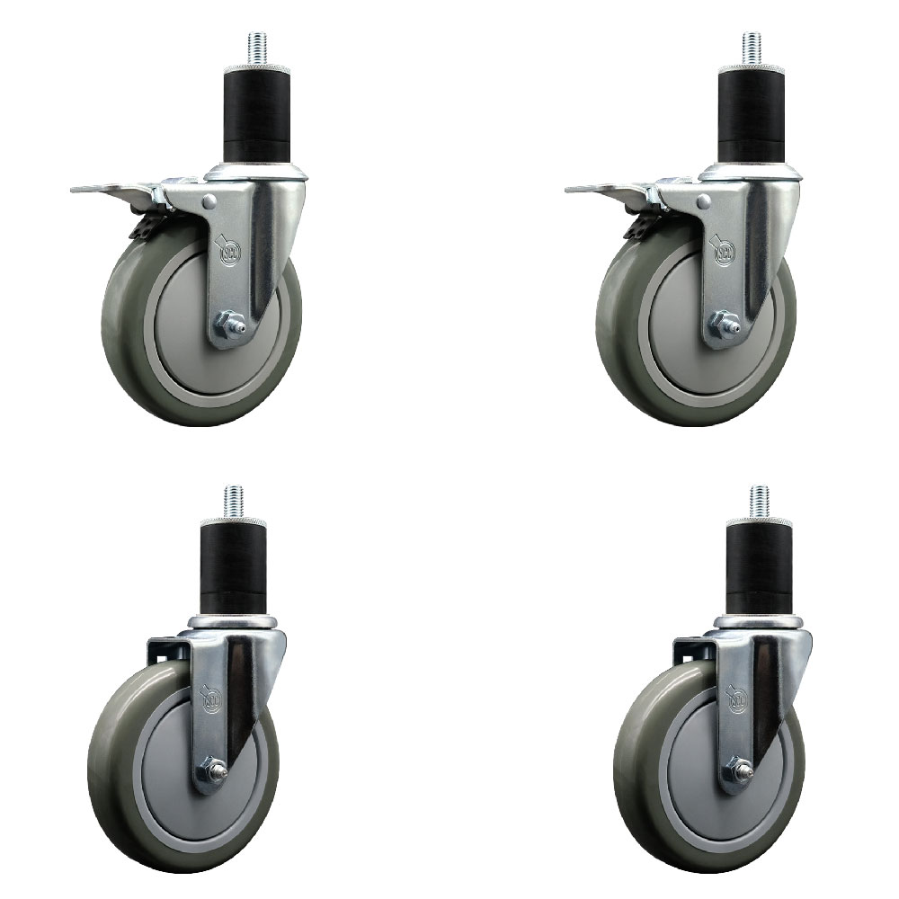 Stainless Steel Polyurethane Swivel Expanding Stem Caster Set of 4 with 5 Inch Gray Wheels and 1-3/4" Stems - Includes 2 with Total Locking Brakes - 1400 lbs Total Capacity - Service Caster Brand — photo 1