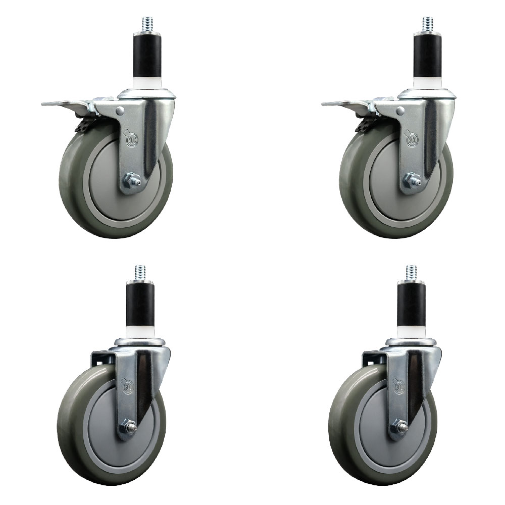 Polyurethane Swivel Expanding Stem Caster Set of 4 with 5 Inch Gray Wheels and 1-3/8" Stems - Includes 2 with Total Locking Brakes - 1400 lbs Total Capacity - Service Caster Brand — photo 1