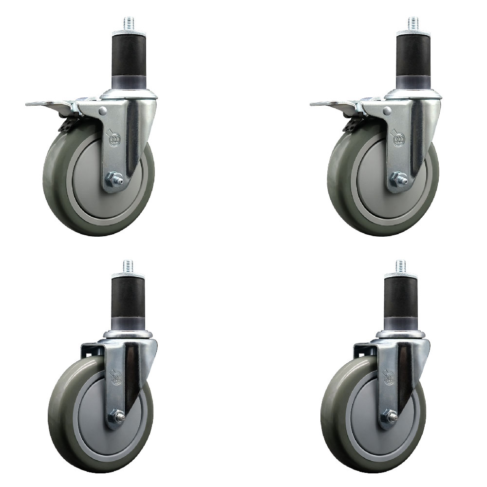 Polyurethane Swivel Expanding Stem Caster Set of 4 with 5 Inch Gray Wheels and 1-5/8" Stems - Includes 2 with Total Locking Brakes - 1400 lbs Total Capacity - Service Caster Brand — photo 1