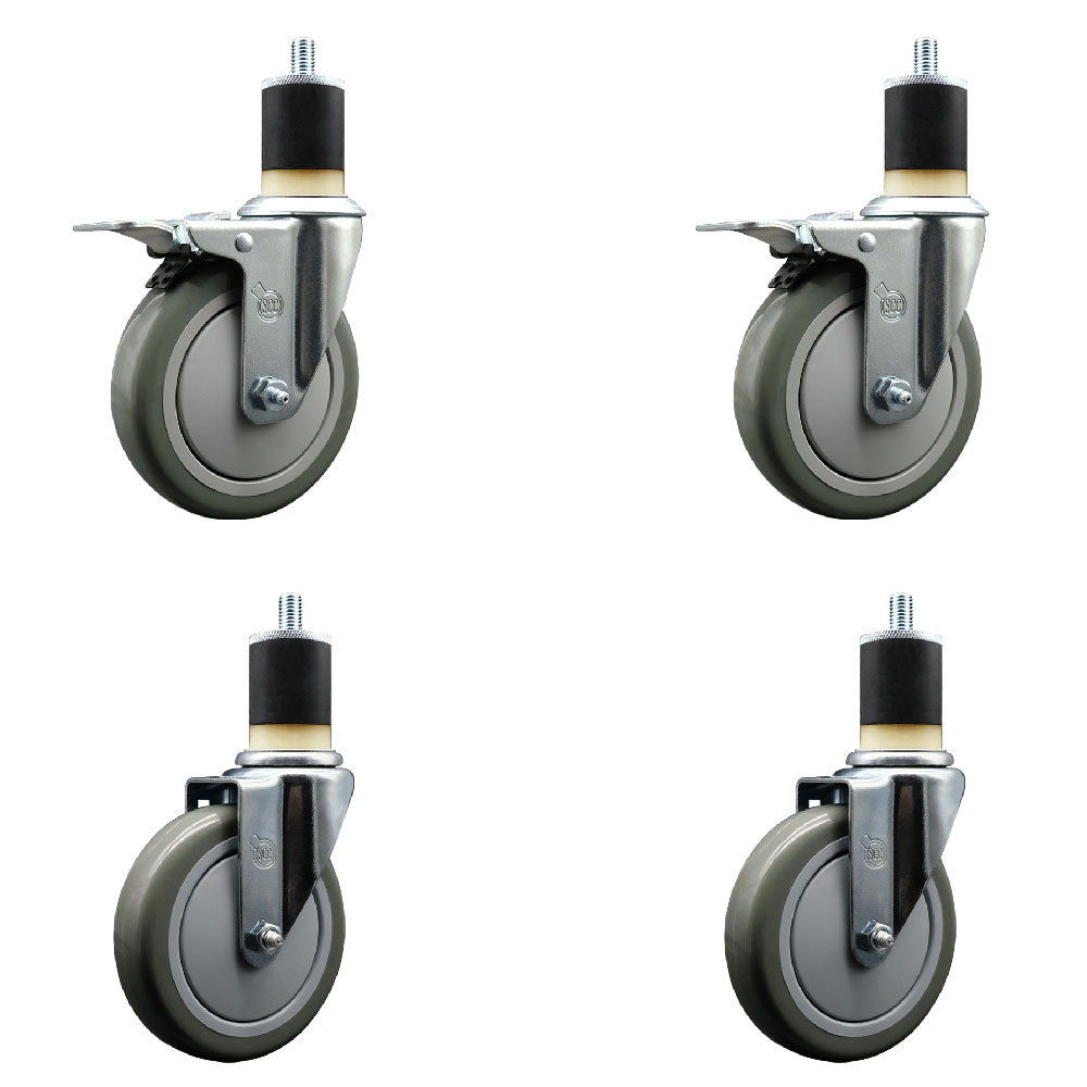 Stainless Steel Polyurethane Swivel Expanding Stem Caster Set of 4 with 5 Inch Gray Wheels and 1-7/8" Stems - Includes 2 with Total Locking Brakes - 1400 lbs Total Capacity - Service Caster Brand — photo 1
