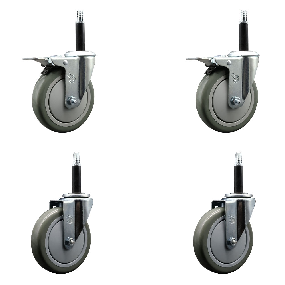 Polyurethane Swivel Expanding Stem Caster Set of 4 with 5 Inch Gray Wheels and 3/4" Stems - Includes 2 with Total Locking Brakes - 1400 lbs Total Capacity - Service Caster Brand — photo 1