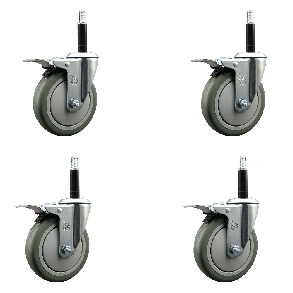Stainless Steel Polyurethane Swivel Expanding Stem Caster Set of 4 with 5 Inch Gray Wheels and 3/4" Stems - 4 Swivel with Total Locking Brakes - 350 lbs. Capacity Per Caster - Service Caster Brand — photo 1