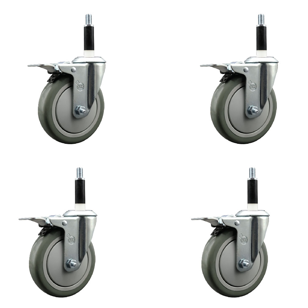 Stainless Steel Polyurethane Swivel Expanding Stem Caster Set of 4 with 5 Inch Gray Wheels and 7/8" Stems - 4 Swivel with Total Locking Brakes - 350 lbs. Capacity Per Caster - Service Caster Brand — photo 1
