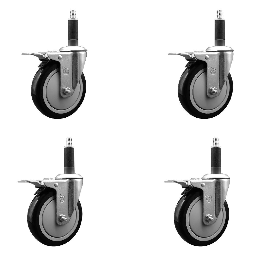 Polyurethane Swivel Expanding Stem Caster Set of 4 with 5 Inch Black Wheels and 1" Stems - Includes 4 Swivel with Total Locking Brakes - 350 lbs. Capacity Per Caster - Service Caster Brand — photo 1
