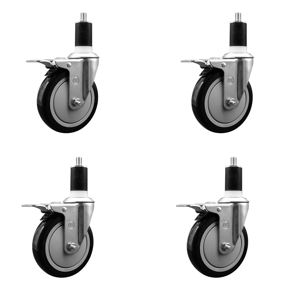 Polyurethane Swivel Expanding Stem Caster Set of 4 with 5 Inch Black Wheels and 1-1/2" Stems - Includes 4 Swivel with Total Locking Brakes - 350 lbs. Capacity Per Caster - Service Caster Brand — photo 1