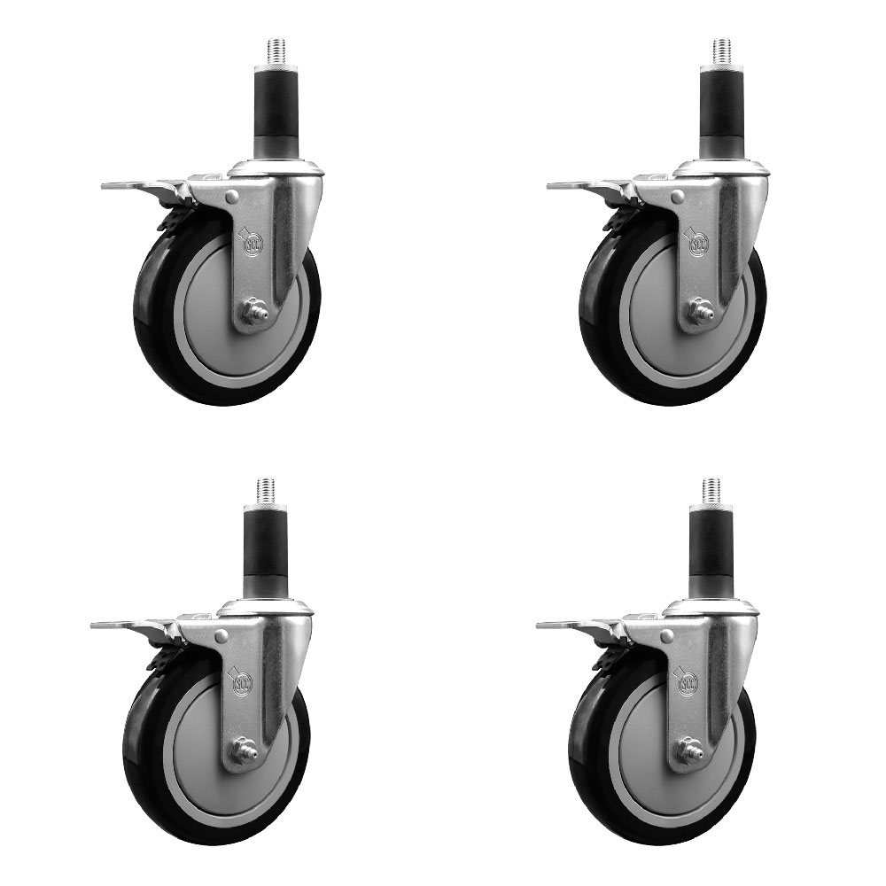 Polyurethane Swivel Expanding Stem Caster Set of 4 with 5 Inch Black Wheels and 1-1/4" Stems - Includes 4 Swivel with Total Locking Brakes - 350 lbs. Capacity Per Caster - Service Caster Brand — photo 1