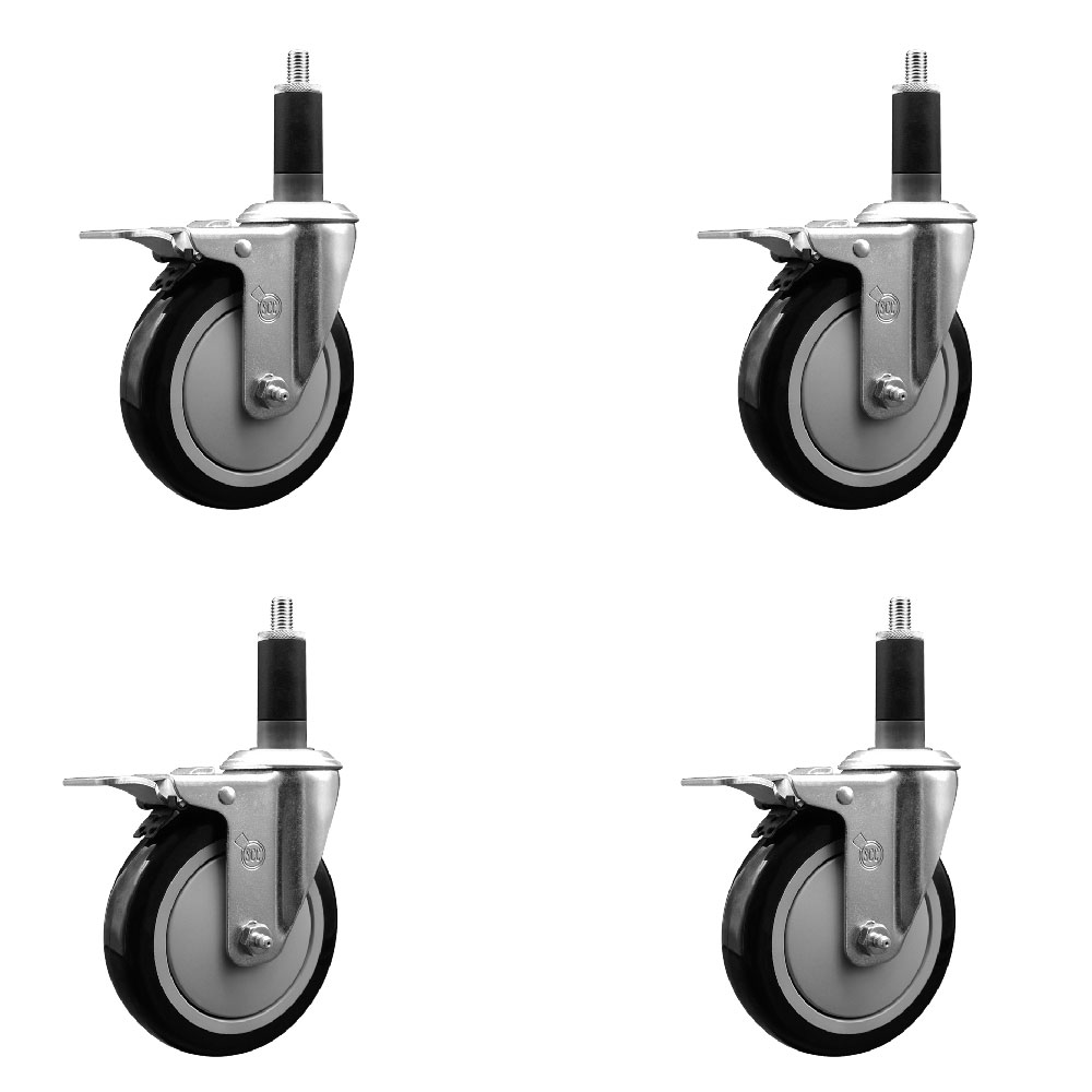Polyurethane Swivel Expanding Stem Caster Set of 4 with 5 Inch Black Wheels and 1-1/8" Stems - Includes 4 Swivel with Total Locking Brakes - 350 lbs. Capacity Per Caster - Service Caster Brand — photo 1