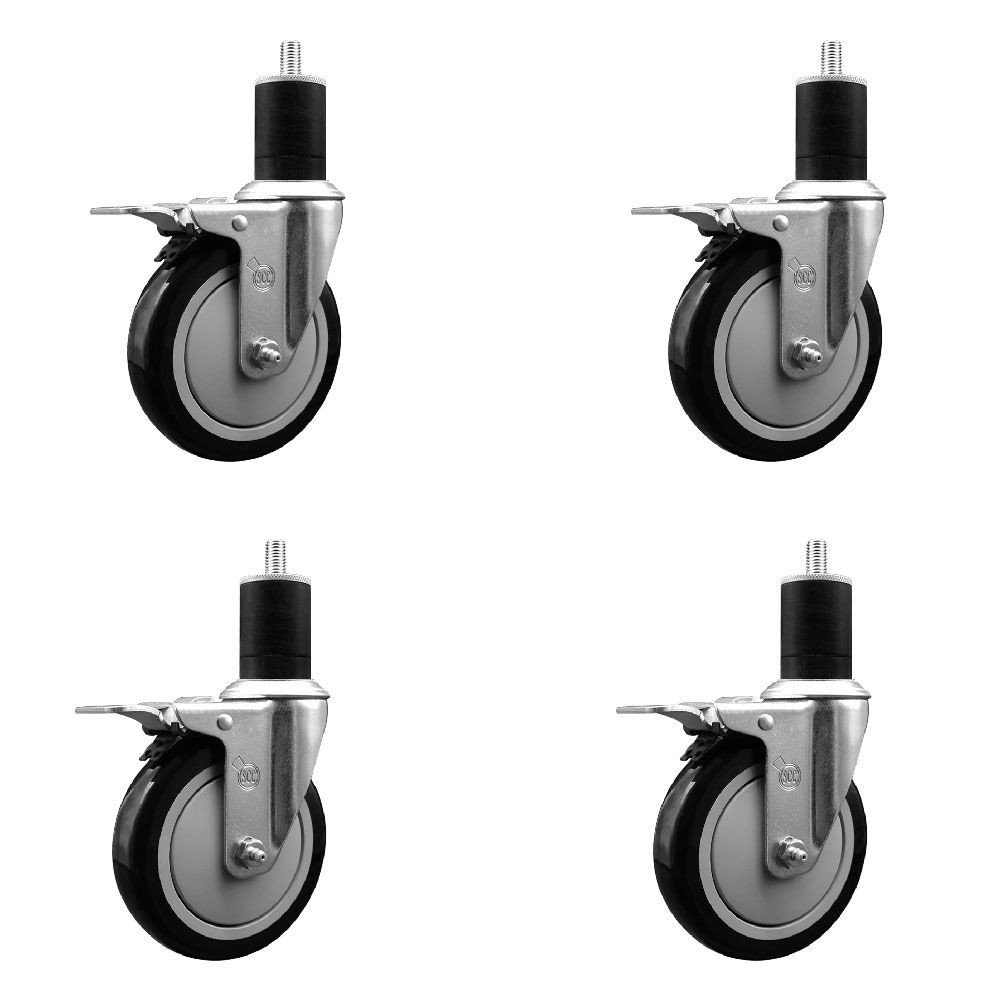 Polyurethane Swivel Expanding Stem Caster Set of 4 with 5 Inch Black Wheels and 1-3/4" Stems - Includes 4 Swivel with Total Locking Brakes - 350 lbs. Capacity Per Caster - Service Caster Brand — photo 1