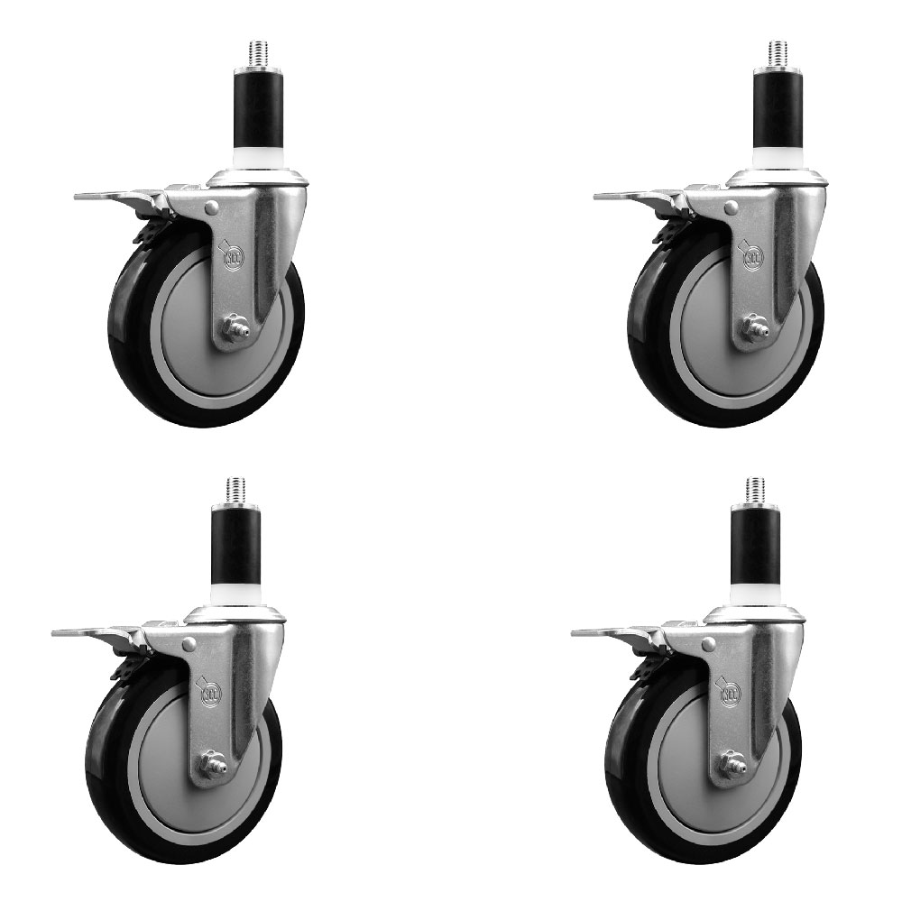 Polyurethane Swivel Expanding Stem Caster Set of 4 with 5 Inch Black Wheels and 1-3/8" Stems - Includes 4 Swivel with Total Locking Brakes - 350 lbs. Capacity Per Caster - Service Caster Brand — photo 1