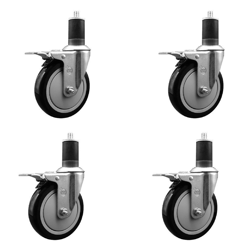 Stainless Steel Polyurethane Swivel Expanding Stem Caster Set of 4 with 5 Inch Black Wheels and 1-5/8" Stems - 4 Swivel with Total Locking Brakes - 350 lbs. Capacity Per Caster - Service Caster Brand — photo 1