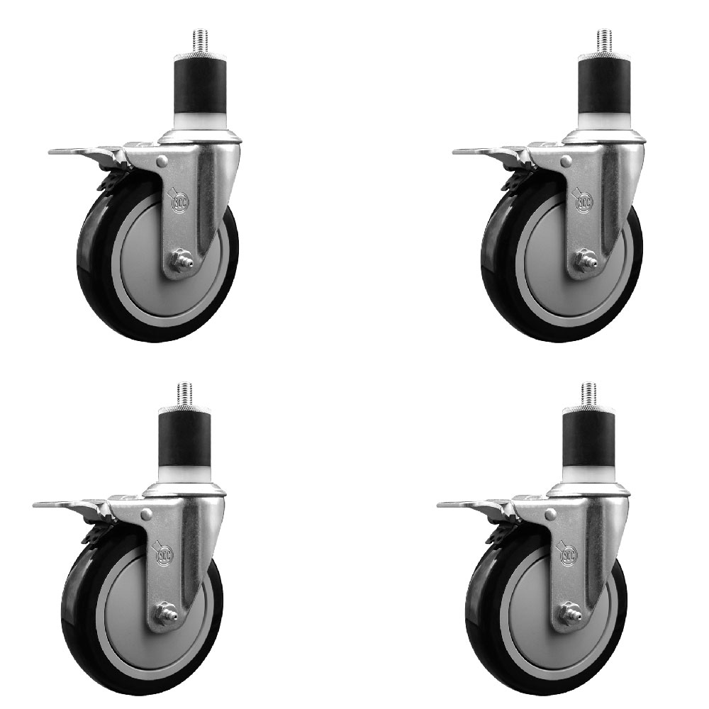 Stainless Steel Polyurethane Swivel Expanding Stem Caster Set of 4 with 5 Inch Black Wheels and 1-7/8" Stems - 4 Swivel with Total Locking Brakes - 350 lbs. Capacity Per Caster - Service Caster Brand — photo 1