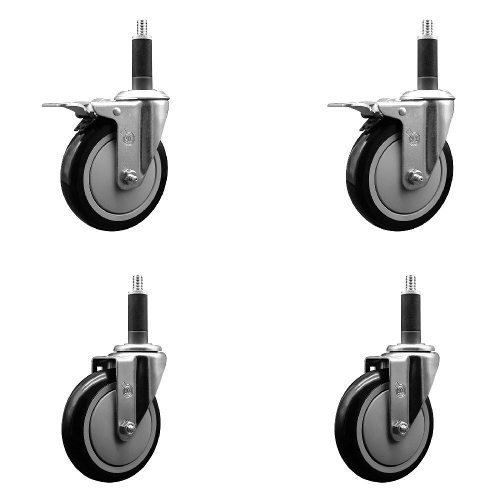 Stainless Steel Polyurethane Swivel Expanding Stem Caster Set of 4 with 5 Inch Black Wheels and 1" Stems - Includes 2 with Total Locking Brakes - 1400 lbs Total Capacity - Service Caster Brand — photo 1