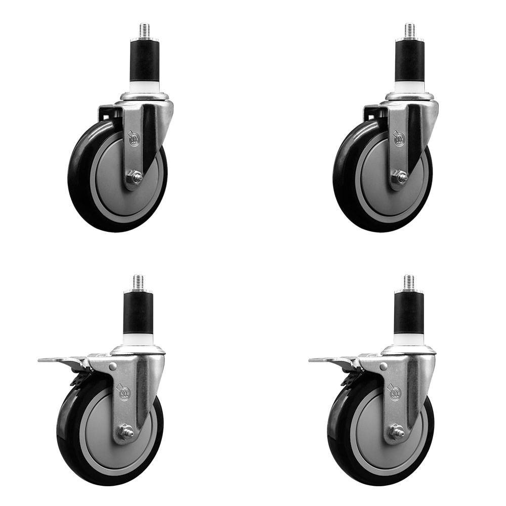 Stainless Steel Polyurethane Swivel Expanding Stem Caster Set of 4 with 5 Inch Black Wheels and 1-1/2" Stems - Includes 2 with Total Locking Brakes - 1400 lbs Total Capacity - Service Caster Brand — photo 1