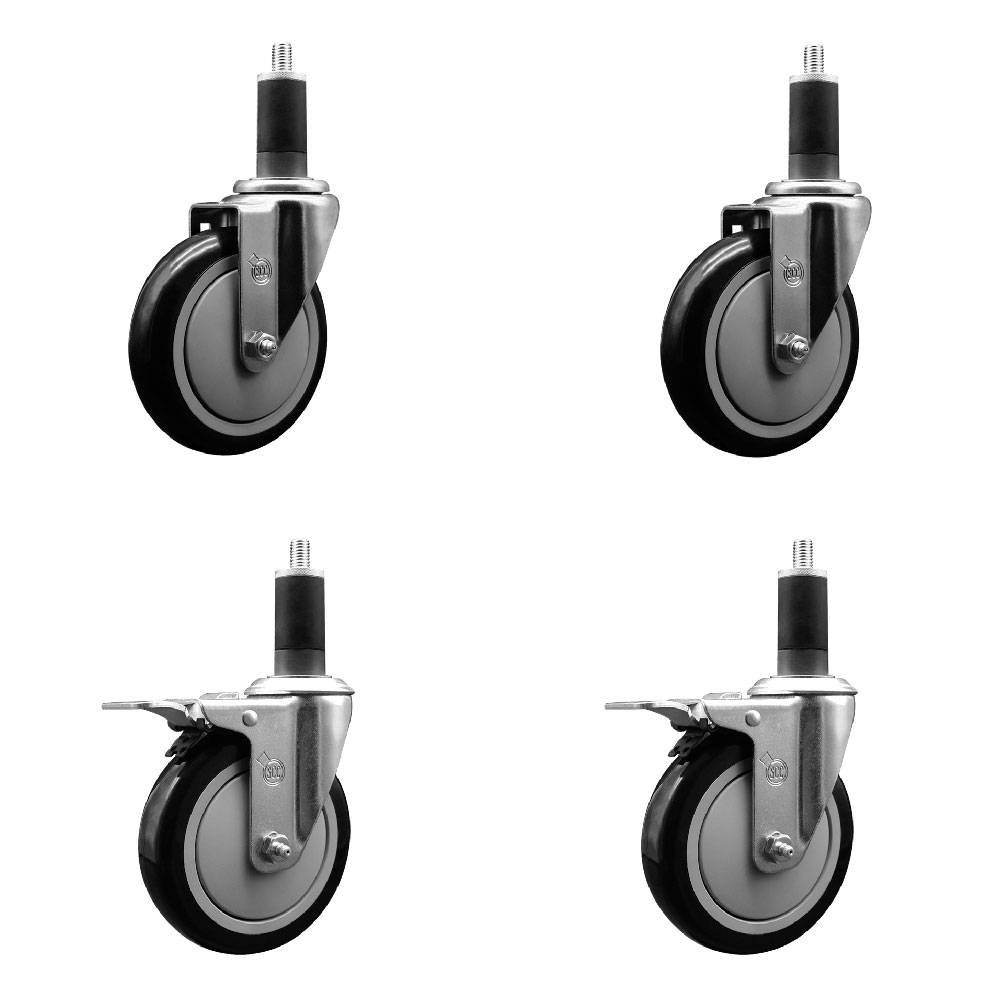 Stainless Steel Polyurethane Swivel Expanding Stem Caster Set of 4 with 5 Inch Black Wheels and 1-1/4" Stems - Includes 2 with Total Locking Brakes - 1400 lbs Total Capacity - Service Caster Brand — photo 1