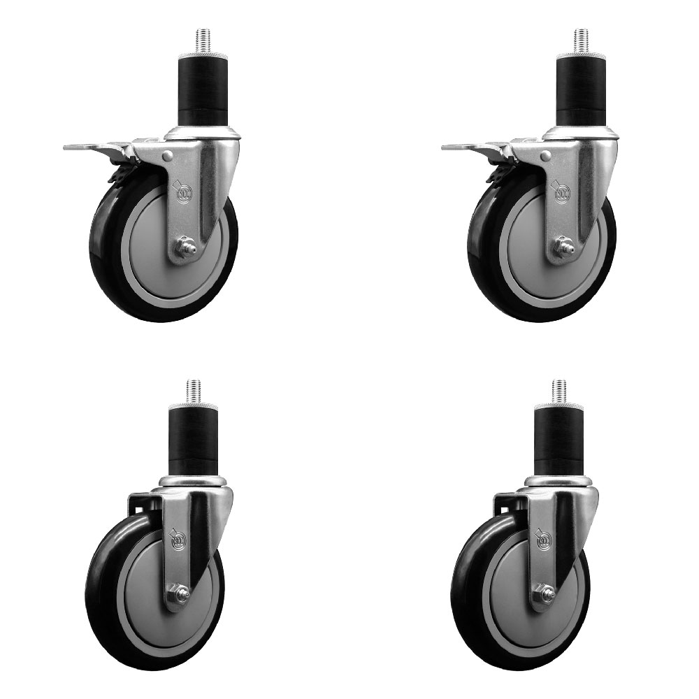 Polyurethane Swivel Expanding Stem Caster Set of 4 with 5 Inch Black Wheels and 1-3/4" Stems - Includes 2 with Total Locking Brakes - 1400 lbs Total Capacity - Service Caster Brand — photo 1