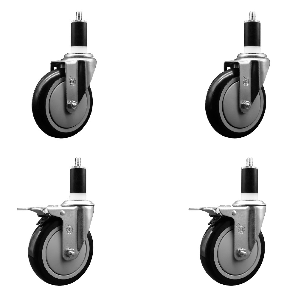 Polyurethane Swivel Expanding Stem Caster Set of 4 with 5 Inch Black Wheels and 1-3/8" Stems - Includes 2 with Total Locking Brakes - 1400 lbs Total Capacity - Service Caster Brand — photo 1