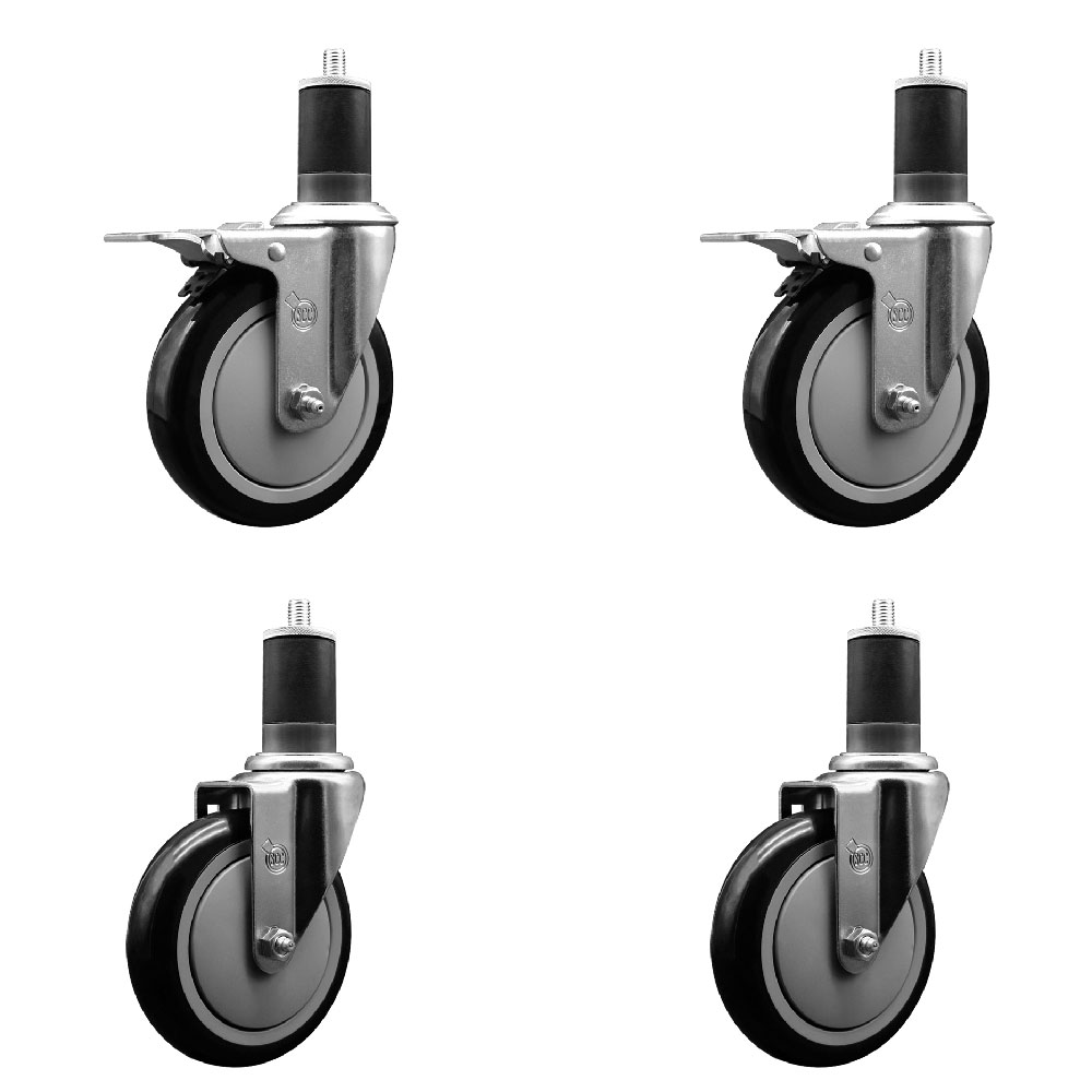 Stainless Steel Polyurethane Swivel Expanding Stem Caster Set of 4 with 5 Inch Black Wheels and 1-5/8" Stems - Includes 2 with Total Locking Brakes - 1400 lbs Total Capacity - Service Caster Brand — photo 1