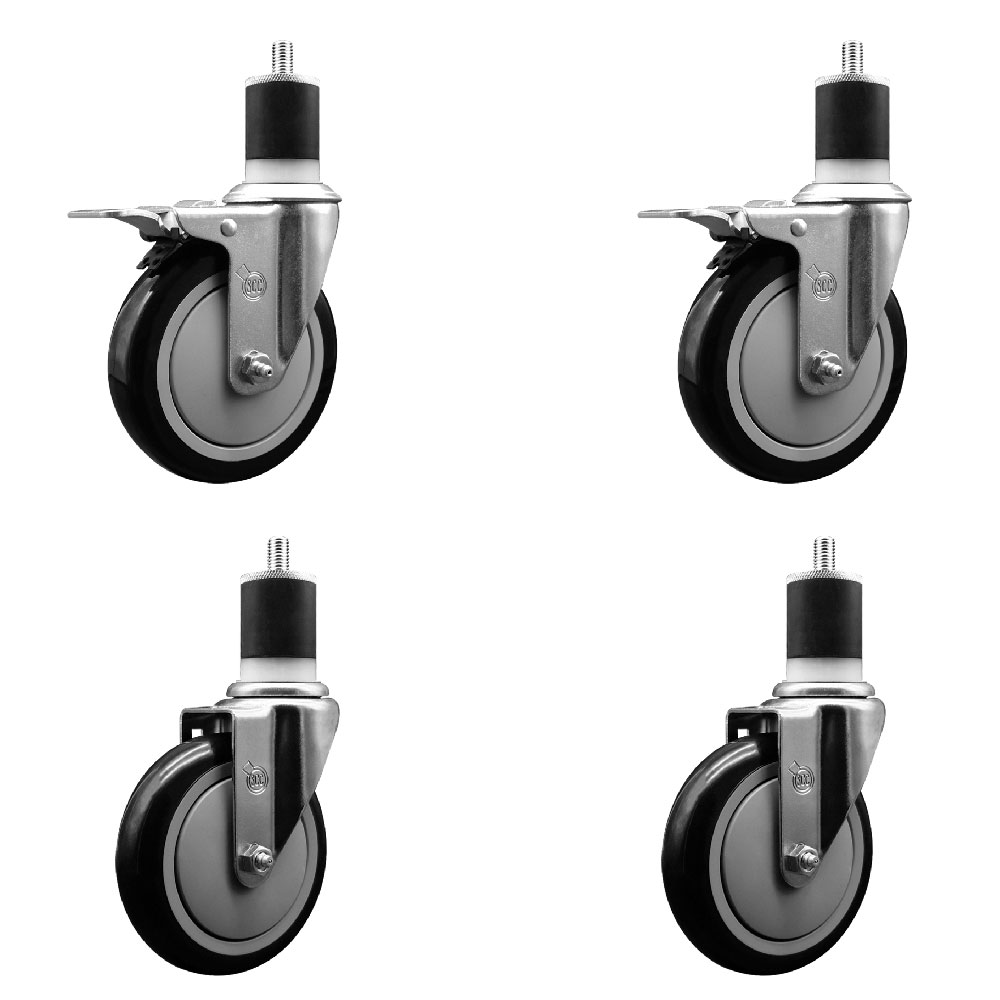 Polyurethane Swivel Expanding Stem Caster Set of 4 with 5 Inch Black Wheels and 1-7/8" Stems - Includes 2 with Total Locking Brakes - 1400 lbs Total Capacity - Service Caster Brand — photo 1