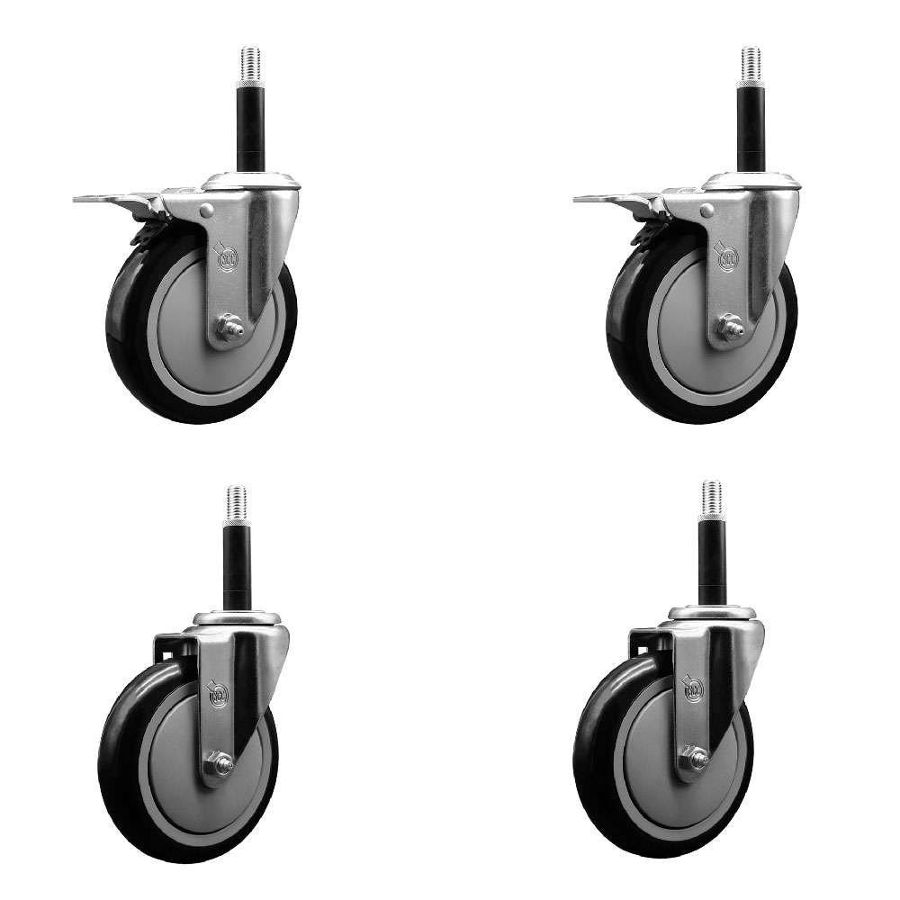 Polyurethane Swivel Expanding Stem Caster Set of 4 with 5 Inch Black Wheels and 3/4" Stems - Includes 2 with Total Locking Brakes - 1400 lbs Total Capacity - Service Caster Brand — photo 1