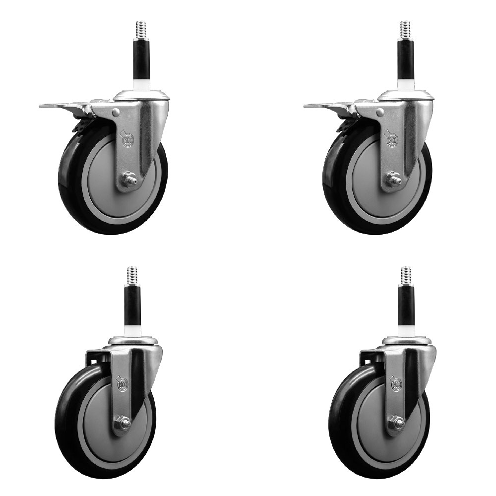 Stainless Steel Polyurethane Swivel Expanding Stem Caster Set of 4 with 5 Inch Black Wheels and 7/8" Stems - Includes 2 with Total Locking Brakes - 1400 lbs Total Capacity - Service Caster Brand — photo 1