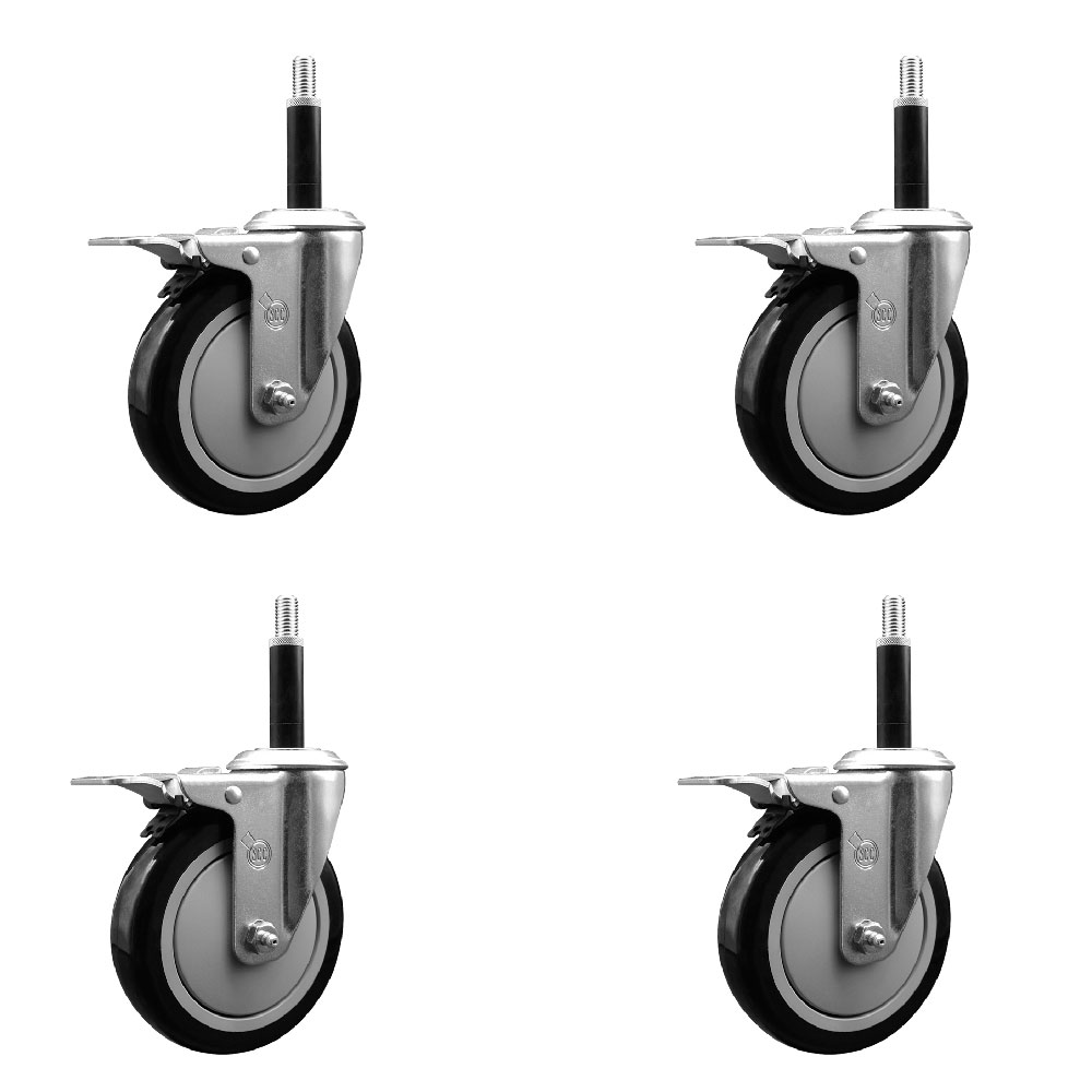 Stainless Steel Polyurethane Swivel Expanding Stem Caster Set of 4 with 5 Inch Black Wheels and 3/4" Stems - 4 Swivel with Total Locking Brakes - 350 lbs. Capacity Per Caster - Service Caster Brand — photo 1