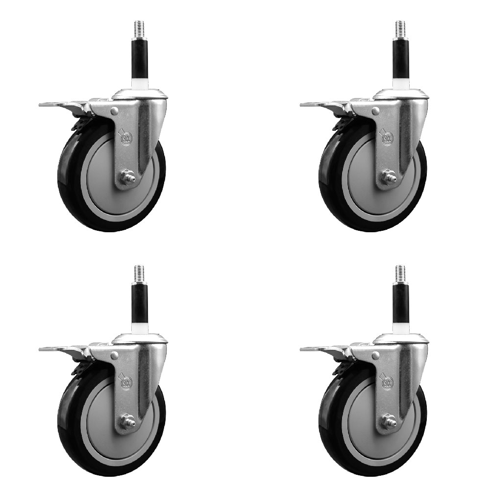 Stainless Steel Polyurethane Swivel Expanding Stem Caster Set of 4 with 5 Inch Black Wheels and 7/8" Stems - 4 Swivel with Total Locking Brakes - 350 lbs. Capacity Per Caster - Service Caster Brand — photo 1