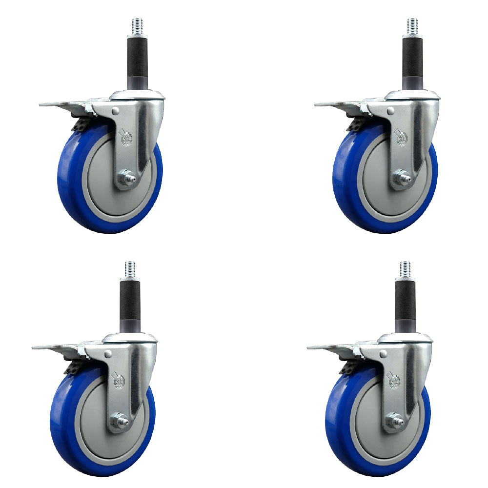 Stainless Steel Polyurethane Swivel Expanding Stem Caster Set of 4 with 5 Inch Blue Wheels and 1" Stems - 4 Swivel with Total Locking Brakes - 350 lbs. Capacity Per Caster - Service Caster Brand — photo 1