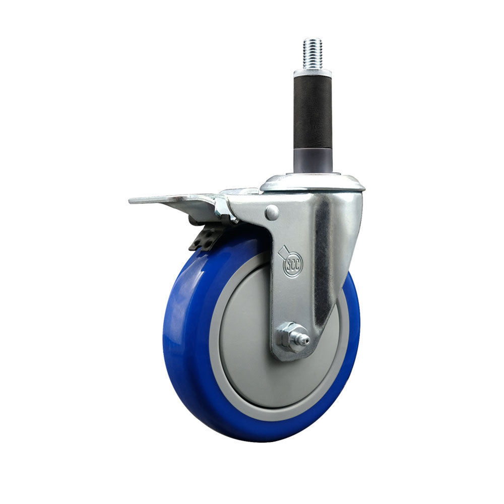 Polyurethane Expanding Stem Swivel Caster with 5 Inch Blue Wheel and 1" Stem & Total Locking Brake - 350 lbs. Capacity Per Caster - Service Caster Brand — photo 1