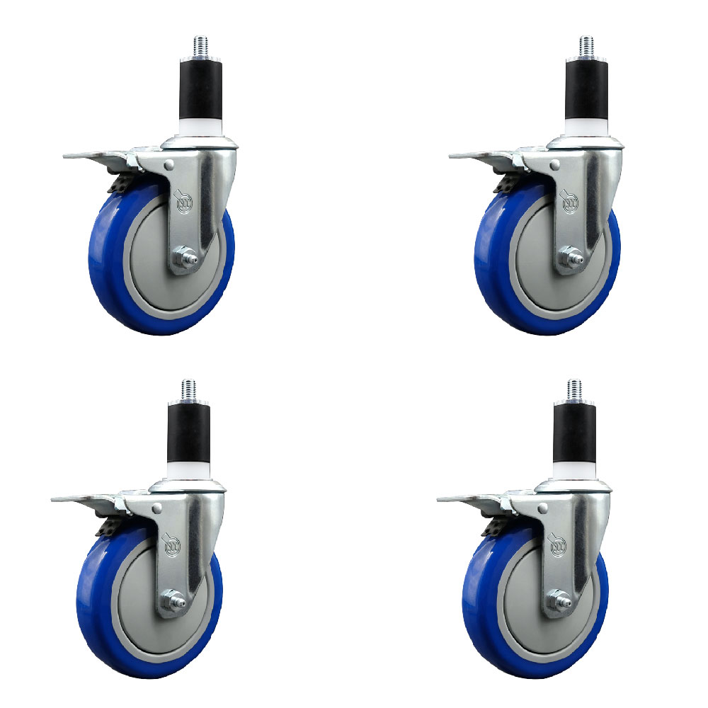 Polyurethane Swivel Expanding Stem Caster Set of 4 with 5 Inch Blue Wheels and 1-1/2" Stems - Includes 4 Swivel with Total Locking Brakes - 350 lbs. Capacity Per Caster - Service Caster Brand — photo 1