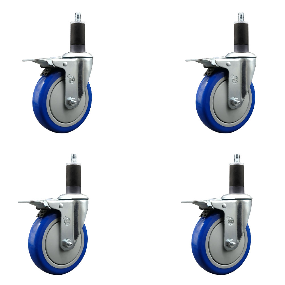 Stainless Steel Polyurethane Swivel Expanding Stem Caster Set of 4 with 5 Inch Blue Wheels and 1-1/4" Stems - 4 Swivel with Total Locking Brakes - 350 lbs. Capacity Per Caster - Service Caster Brand — photo 1