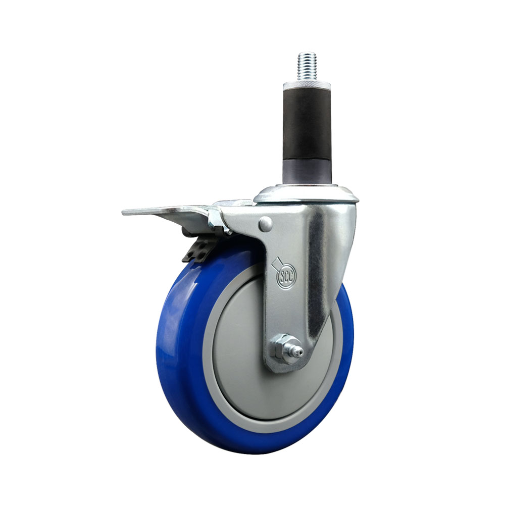 Stainless Steel Polyurethane Expanding Stem Swivel Caster with 5 Inch Blue Wheel and 1-1/4" Stem & Total Locking Brake - 350 lbs. Capacity Per Caster - Service Caster Brand — photo 1