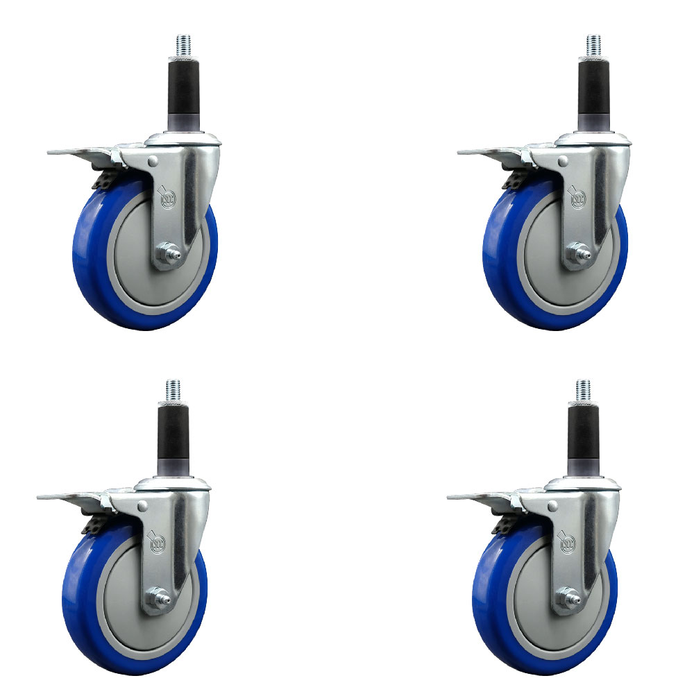 Stainless Steel Polyurethane Swivel Expanding Stem Caster Set of 4 with 5 Inch Blue Wheels and 1-1/8" Stems - 4 Swivel with Total Locking Brakes - 350 lbs. Capacity Per Caster - Service Caster Brand — photo 1