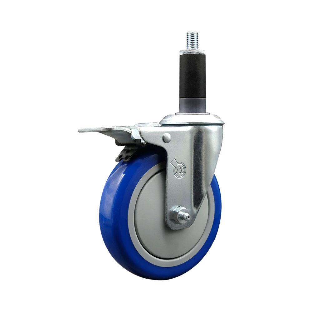 Stainless Steel Polyurethane Expanding Stem Swivel Caster with 5 Inch Blue Wheel and 1-1/8" Stem & Total Locking Brake - 350 lbs. Capacity Per Caster - Service Caster Brand — photo 1
