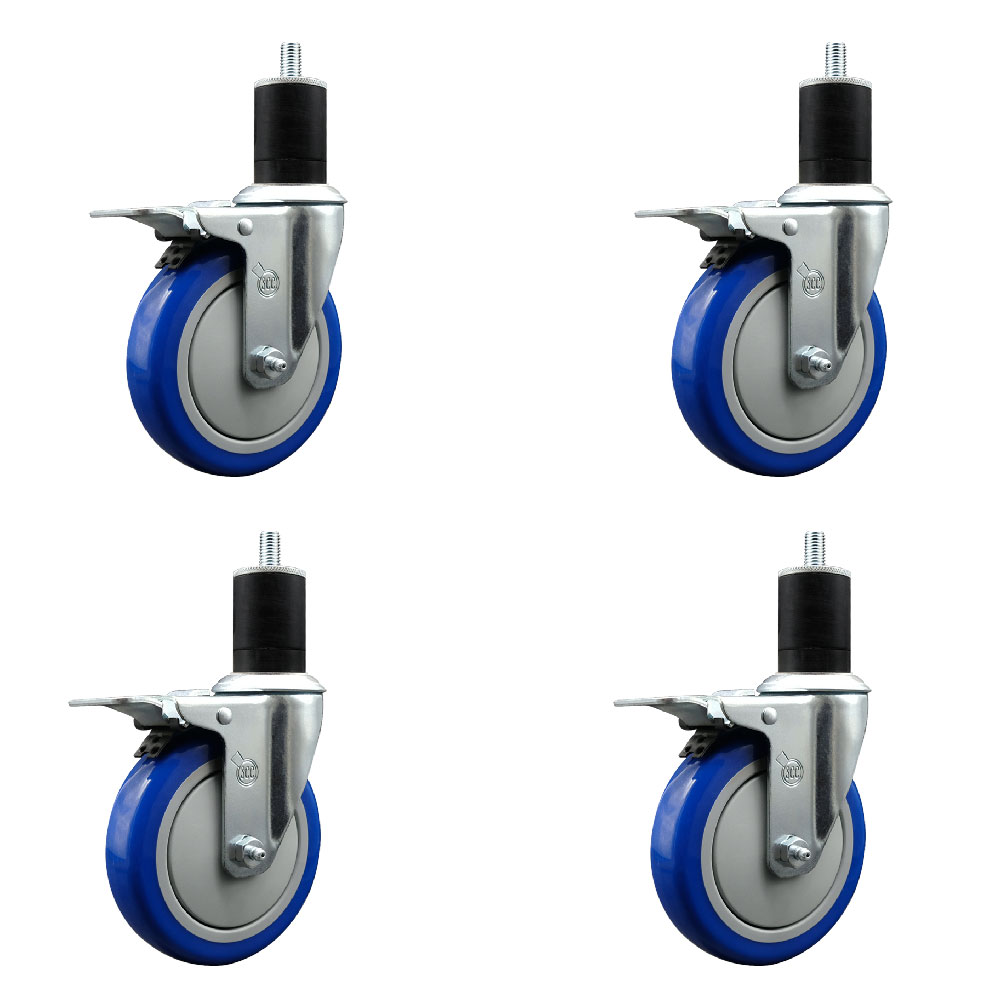 Stainless Steel Polyurethane Swivel Expanding Stem Caster Set of 4 with 5 Inch Blue Wheels and 1-3/4" Stems - 4 Swivel with Total Locking Brakes - 350 lbs. Capacity Per Caster - Service Caster Brand — photo 1