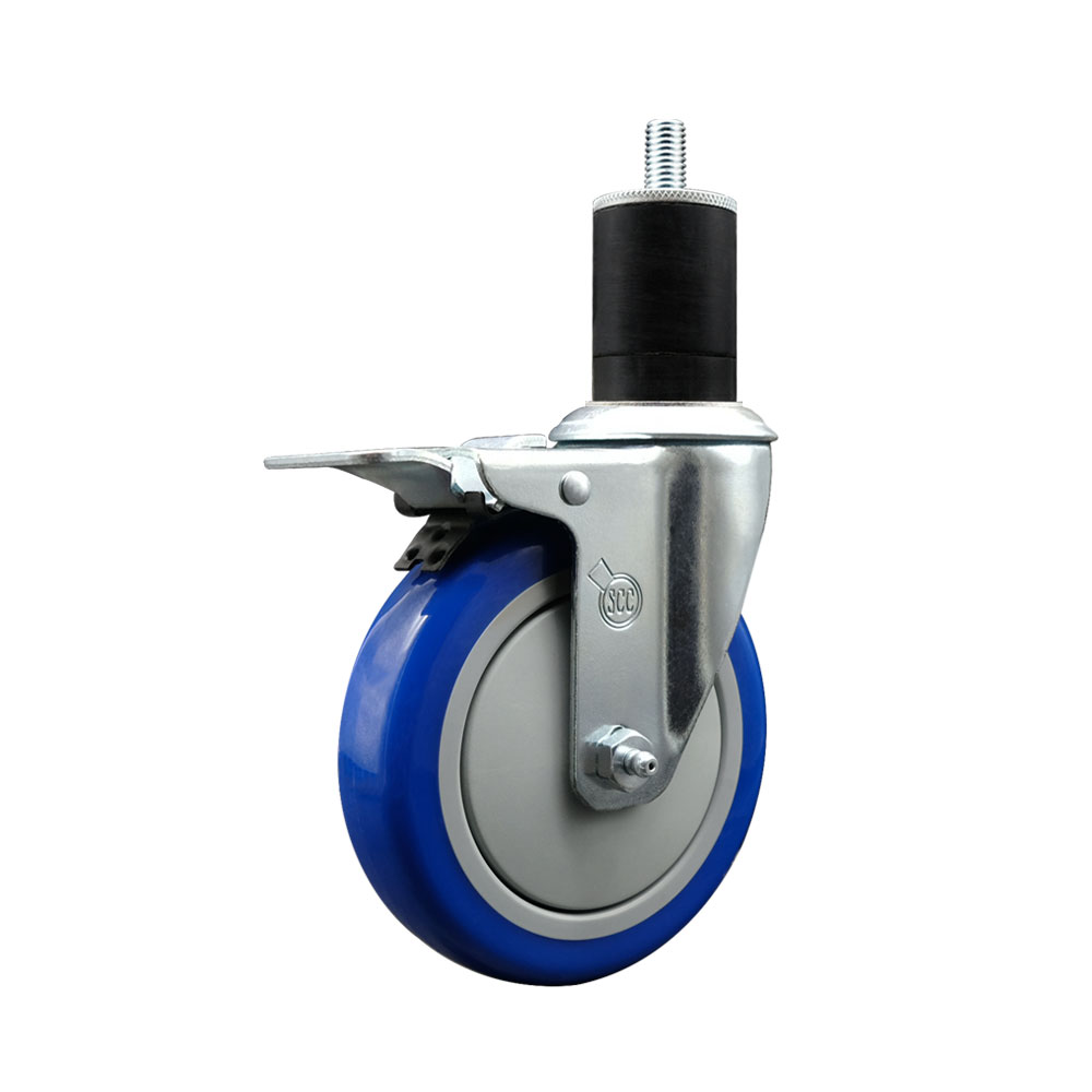 Stainless Steel Polyurethane Expanding Stem Swivel Caster with 5 Inch Blue Wheel and 1-3/4" Stem & Total Locking Brake - 350 lbs. Capacity Per Caster - Service Caster Brand — photo 1