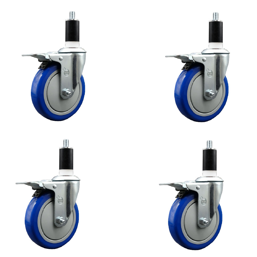 Polyurethane Swivel Expanding Stem Caster Set of 4 with 5 Inch Blue Wheels and 1-3/8" Stems - Includes 4 Swivel with Total Locking Brakes - 350 lbs. Capacity Per Caster - Service Caster Brand — photo 1