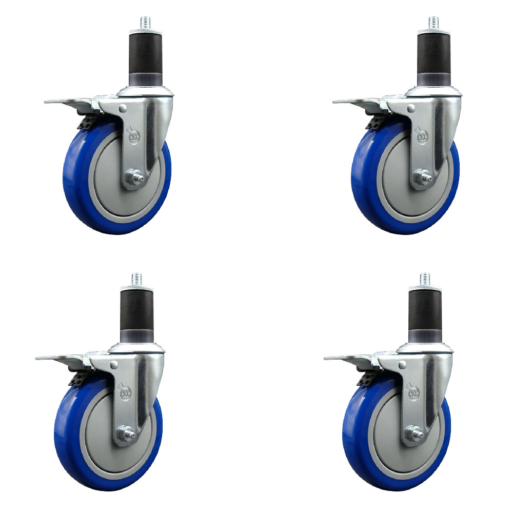 Stainless Steel Polyurethane Swivel Expanding Stem Caster Set of 4 with 5 Inch Blue Wheels and 1-5/8" Stems - 4 Swivel with Total Locking Brakes - 350 lbs. Capacity Per Caster - Service Caster Brand — photo 1