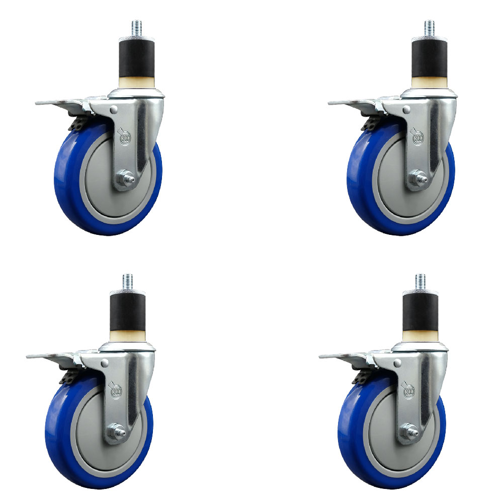 Polyurethane Swivel Expanding Stem Caster Set of 4 with 5 Inch Blue Wheels and 1-7/8" Stems - Includes 4 Swivel with Total Locking Brakes - 350 lbs. Capacity Per Caster - Service Caster Brand — photo 1