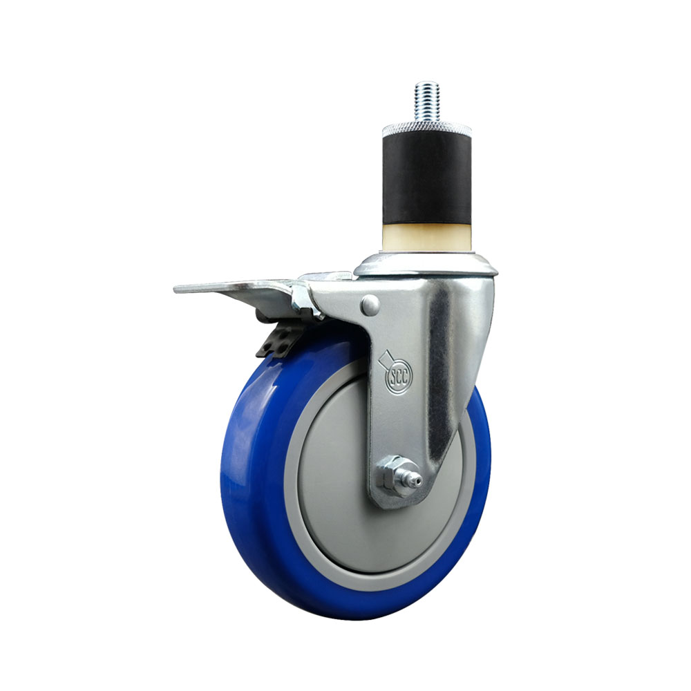 Polyurethane Expanding Stem Swivel Caster with 5 Inch Blue Wheel and 1-7/8" Stem & Total Locking Brake - 350 lbs. Capacity Per Caster - Service Caster Brand — photo 1