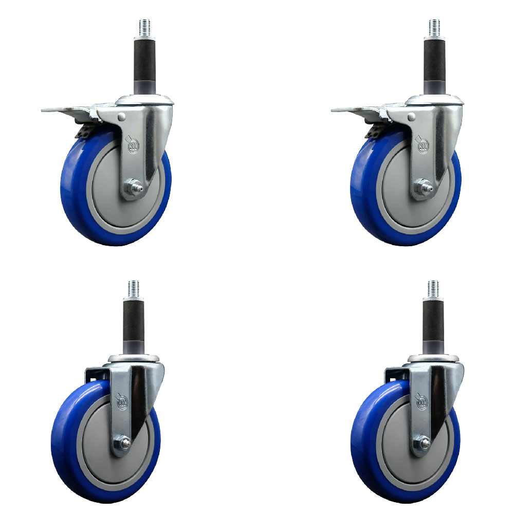Polyurethane Swivel Expanding Stem Caster Set of 4 with 5 Inch Blue Wheels and 1" Stems - Includes 2 with Total Locking Brakes - 1400 lbs Total Capacity - Service Caster Brand — photo 1