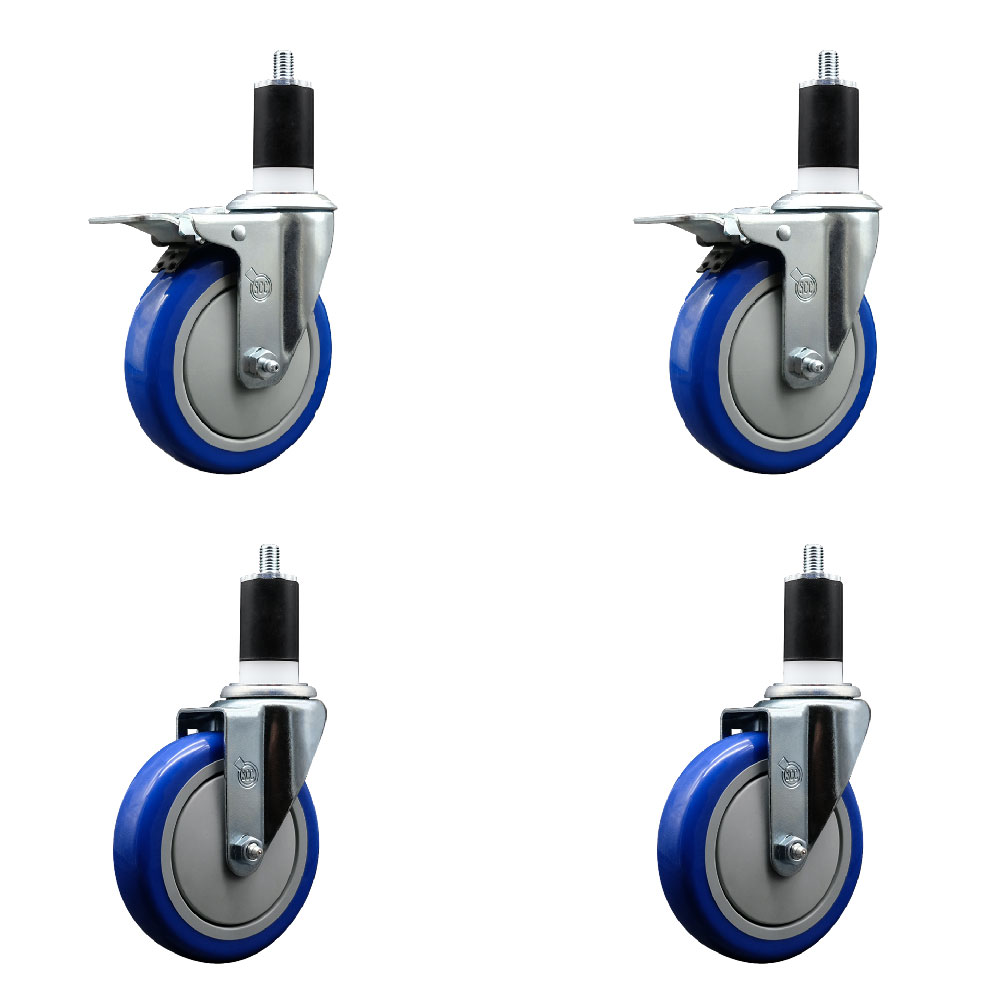 Polyurethane Swivel Expanding Stem Caster Set of 4 with 5 Inch Blue Wheels and 1-1/2" Stems - Includes 2 with Total Locking Brakes - 1400 lbs Total Capacity - Service Caster Brand — photo 1