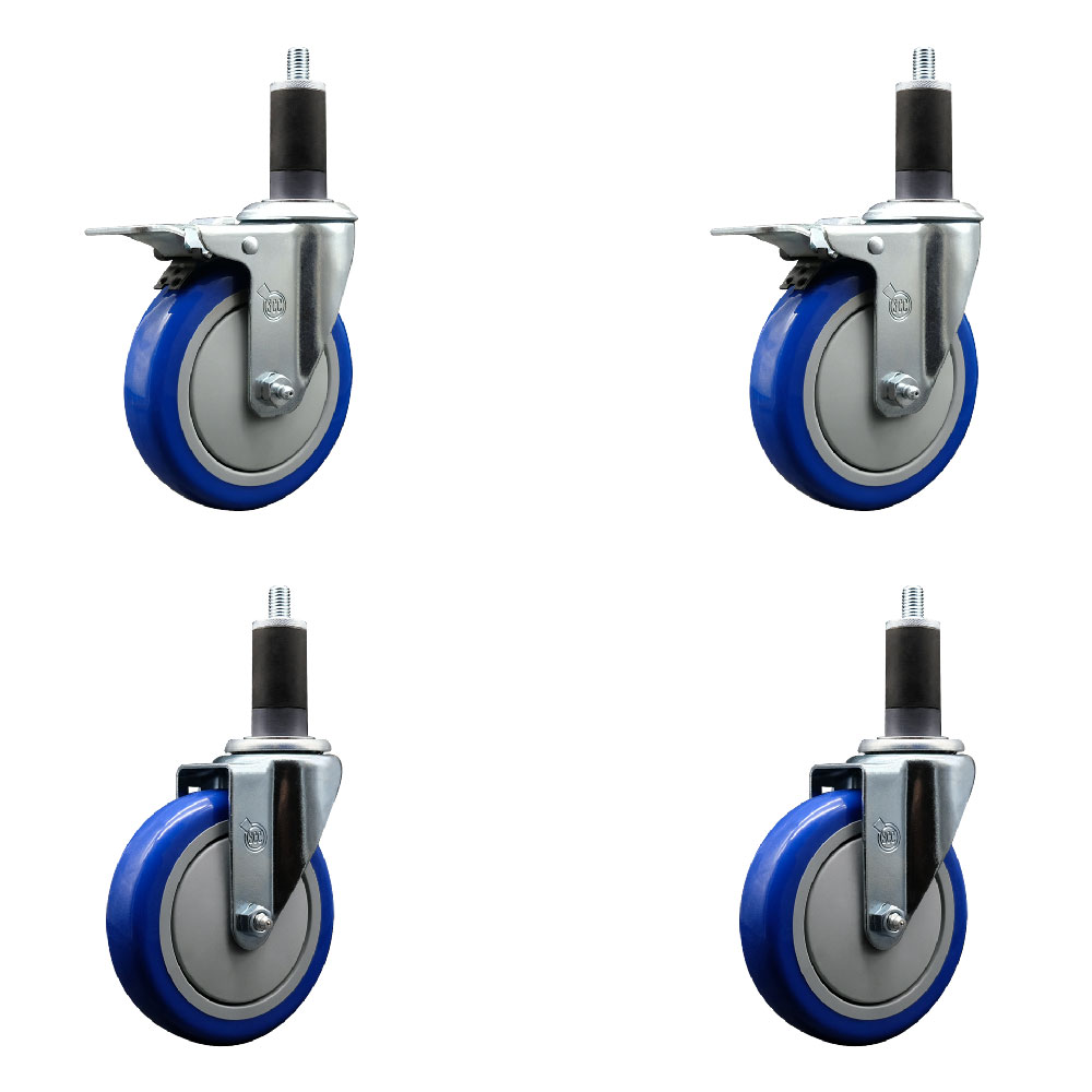 Polyurethane Swivel Expanding Stem Caster Set of 4 with 5 Inch Blue Wheels and 1-1/4" Stems - Includes 2 with Total Locking Brakes - 1400 lbs Total Capacity - Service Caster Brand — photo 1