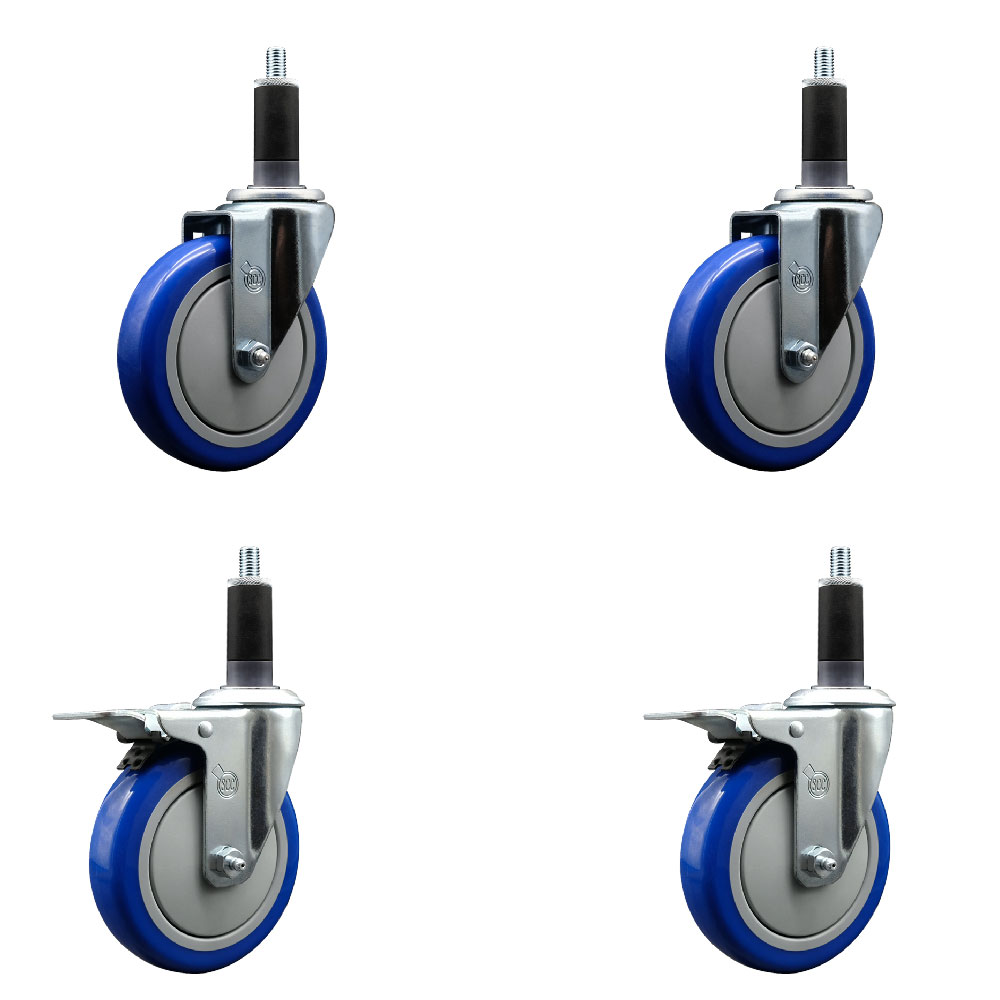 Polyurethane Swivel Expanding Stem Caster Set of 4 with 5 Inch Blue Wheels and 1-1/8" Stems - Includes 2 with Total Locking Brakes - 1400 lbs Total Capacity - Service Caster Brand — photo 1