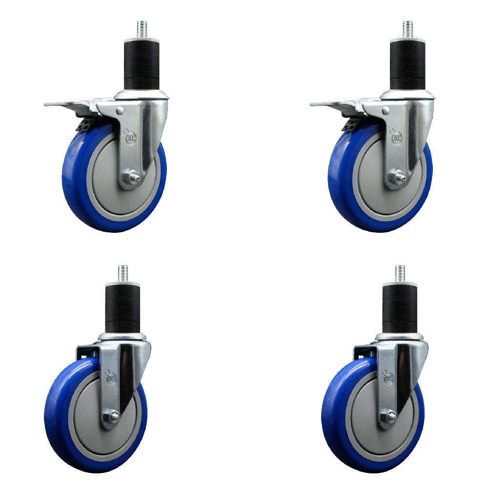 Polyurethane Swivel Expanding Stem Caster Set of 4 with 5 Inch Blue Wheels and 1-3/4" Stems - Includes 2 with Total Locking Brakes - 1400 lbs Total Capacity - Service Caster Brand — photo 1