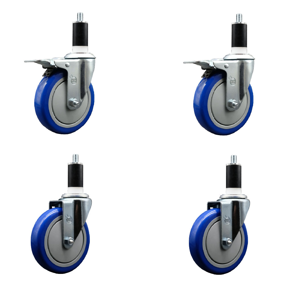 Stainless Steel Polyurethane Swivel Expanding Stem Caster Set of 4 with 5 Inch Blue Wheels and 1-3/8" Stems - Includes 2 with Total Locking Brakes - 1400 lbs Total Capacity - Service Caster Brand — photo 1