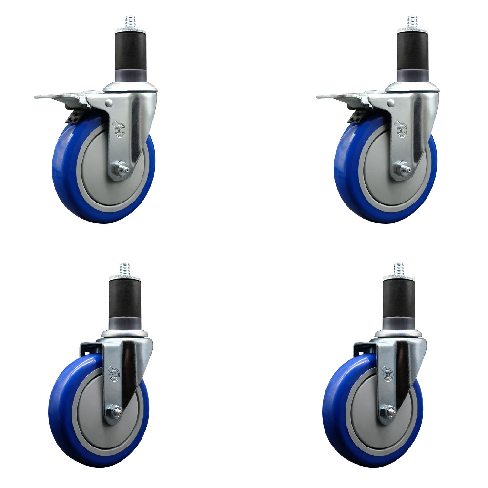 Stainless Steel Polyurethane Swivel Expanding Stem Caster Set of 4 with 5 Inch Blue Wheels and 1-5/8" Stems - Includes 2 with Total Locking Brakes - 1400 lbs Total Capacity - Service Caster Brand — photo 1