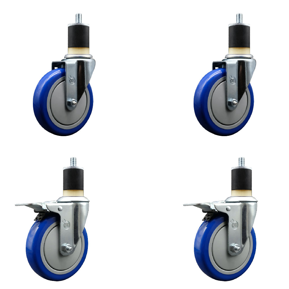 Stainless Steel Polyurethane Swivel Expanding Stem Caster Set of 4 with 5 Inch Blue Wheels and 1-7/8" Stems - Includes 2 with Total Locking Brakes - 1400 lbs Total Capacity - Service Caster Brand — photo 1